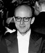 Black and white photo of Max Perutz, an Austrian-born British molecular biologist, shared the 1962 Nobel Prize for Chemistry with John Kendrew for their studies of the structures of hemoglobin and myoglobin.