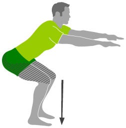 Cartoon of a man doing body weight squats. His two arms face to the right, parallel with the ground. His back is flat as he squats. Body weight squats can help you improve balance.
