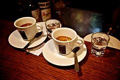 Caffè corretto. The caffeine source is espresso, with 212 milligrams per drink (249 mg/100 mL).