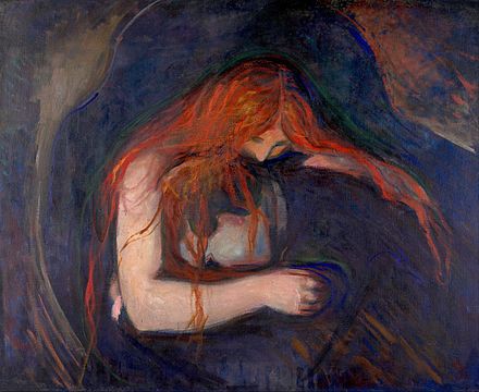 Vampire (1895) by Edvard Munch. A red-haired woman vampire appears to be biting the neck of someone. The victim is not well seen, but the woman has her arms wrapped around him/her as she bites.