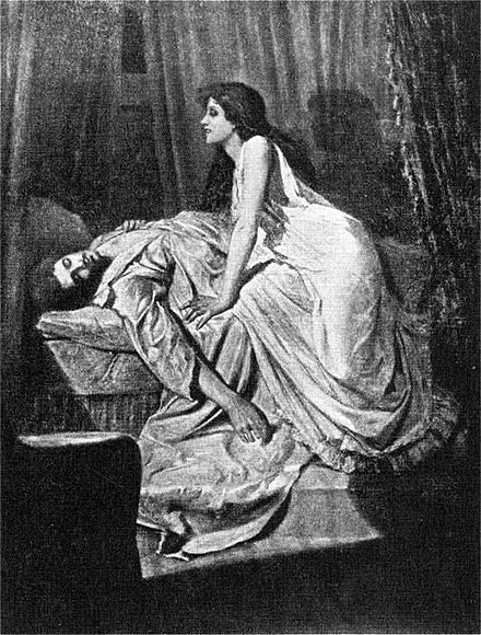 The Vampire, by Philip Burne-Jones, 1897. A black and white image of a woman (vampire) mounting a dead man.