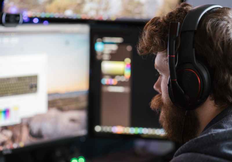 crop man in headphones working on computer