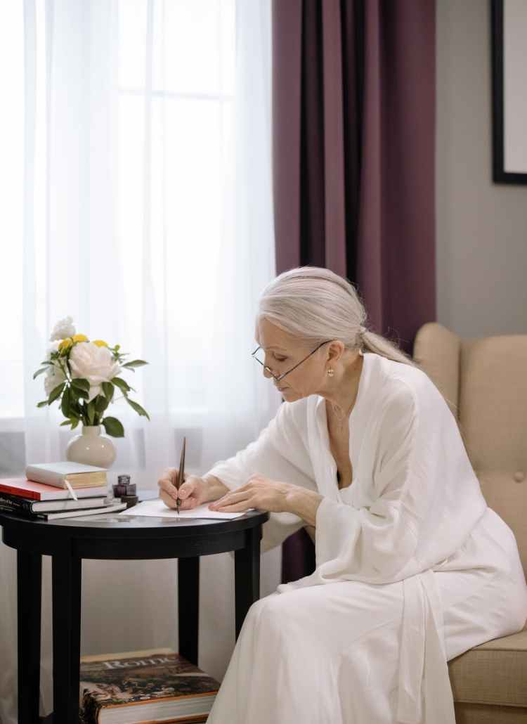 elderly woman sitting on chair while writing on a paper