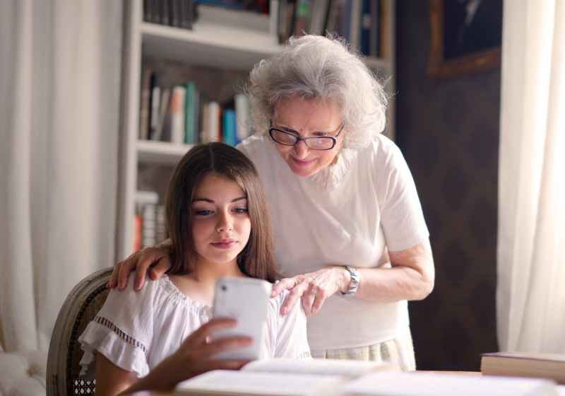women looking at cellphone