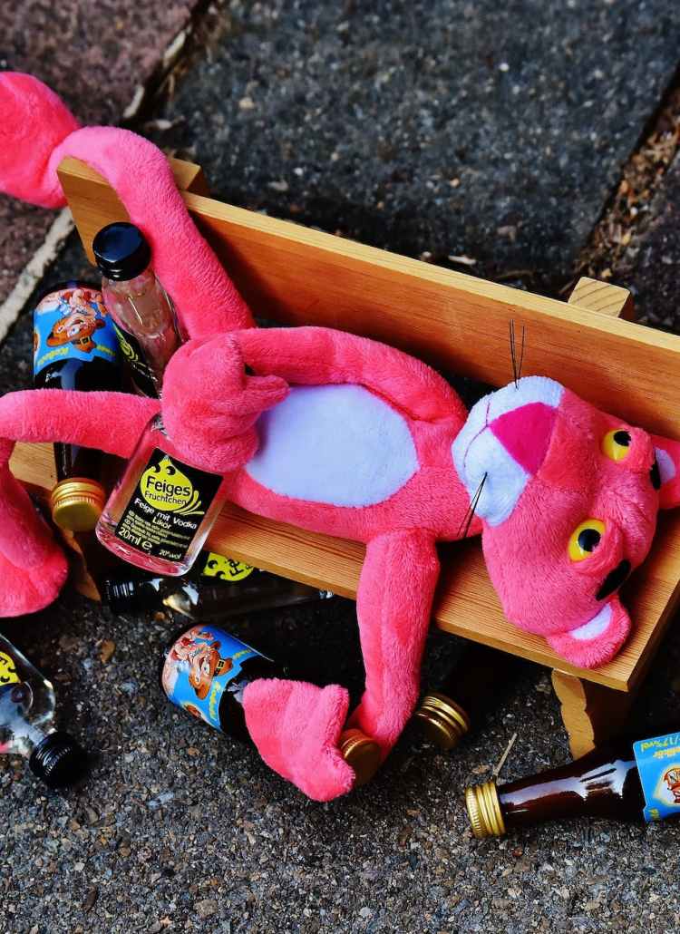 pink panther plush toy on brown bench miniature