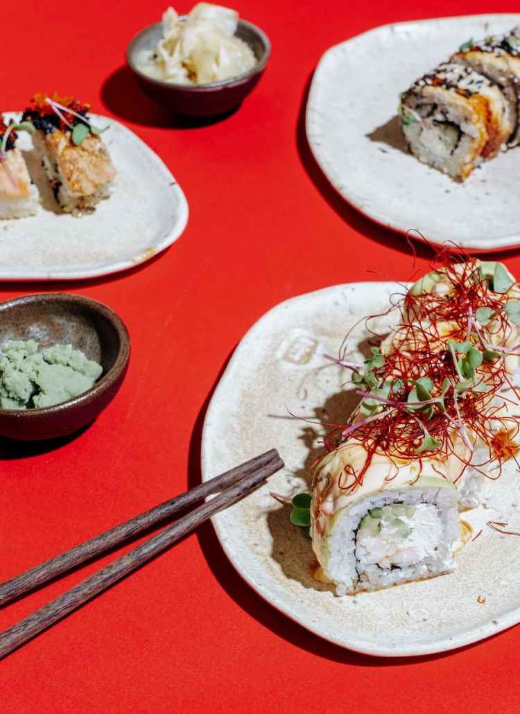 japanese food on red surface