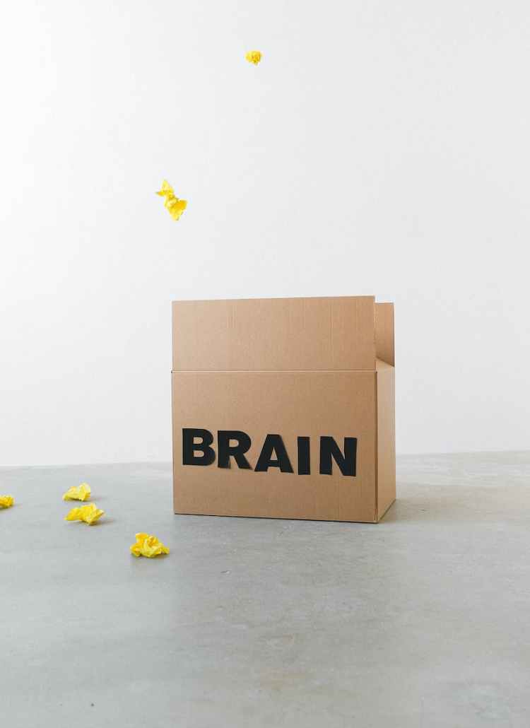 brain inscription on box under flying paper pieces