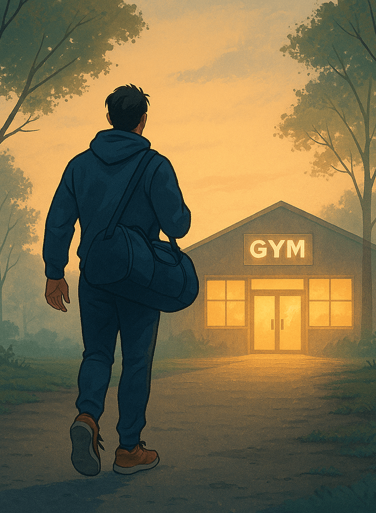 An older Black man walks alone down a misty street at dawn, gym bag in hand, under glowing streetlamps. In the distance, a silhouette of a flexed bodybuilder statue stands shrouded in fog.