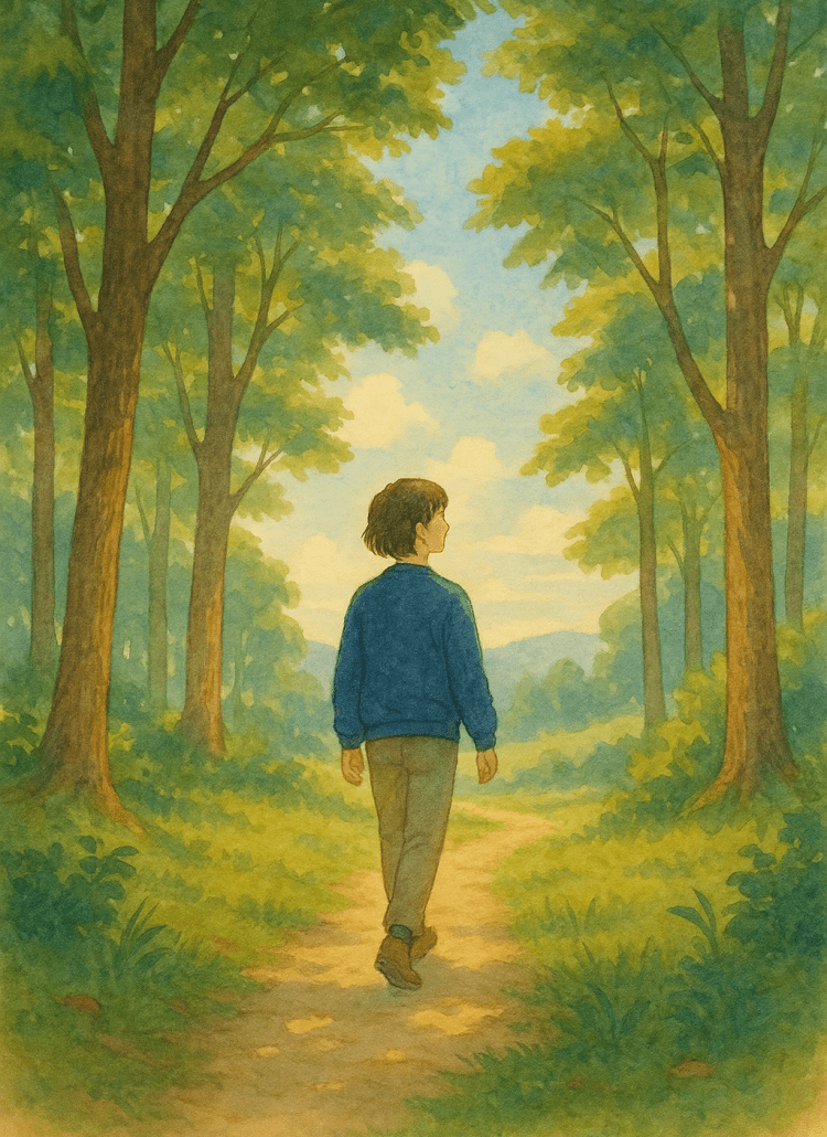 Watercolor-style illustration of a person walking alone down a sun-dappled forest path, surrounded by tall green trees under a bright blue sky.
