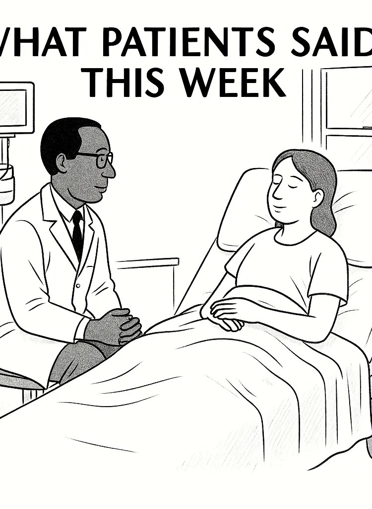 Black and white cartoon drawing of a doctor sitting beside a patient in a hospital bed, both calmly engaged in conversation.
