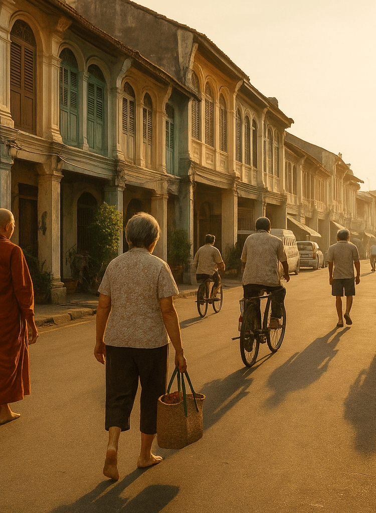 Morning street scene in Penang, Malaysia, with elderly locals walking and biking past heritage shophouses and market stalls.